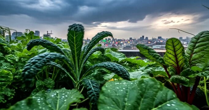 Lush urban garden with kale and chard under a stormy sky at sunset