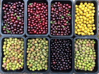 Colorful Assortment of Fresh Berries and Fruits in Containers