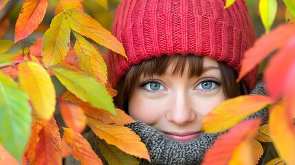 Beautiful Woman Autumn Leaves Red Knit Hat Portrait