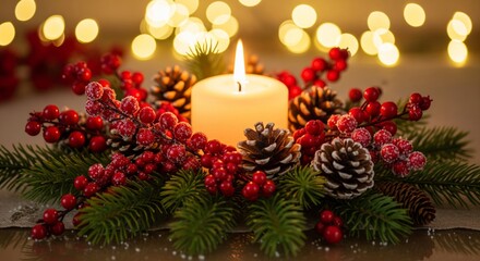 Christmas Candle with Pine Branches, Red Berries and Golden Lights