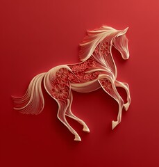 Fototapeta premium This is an artistic image of a horse with intricate paper - cut style and floral patterns on a red background, showcasing detailed and elegant design.