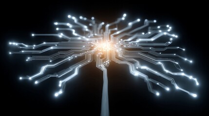 Futuristic glowing circuit board on black conveys cutting-edge technology, artificial intelligence, and high-tech innovation, perfect for modern digital solutions and data analytics