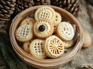 Delicious Christmas Iced Cookies in Wooden Bowl Festive Treats