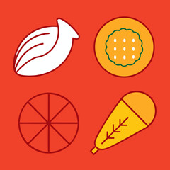 Thanksgiving Food Line Icons Vector _ Flat line icons of pie, corn, turkey leg, and bread.
