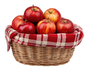 Fresh wicker basket full of ripe red apple with red plaid tablecloth lining. Wholesome autumn harvest represents healthy eating, organic food, and rustic picnic