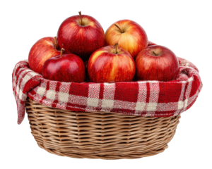 Fresh wicker basket full of ripe red apple with red plaid tablecloth lining. Wholesome autumn harvest represents healthy eating, organic food, and rustic picnic