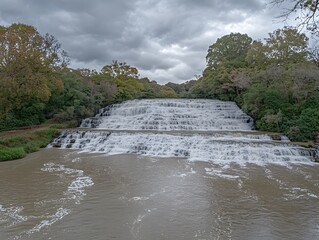Majestic Multi-Tiered Waterfall Cascading Through Lush Green Foliage