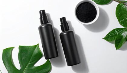 Black bottles, powder, & green leaves