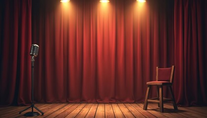 Stage with red curtains and microphone on wooden floor. Empty chair waits center spotlight under warm lights. Comedy show setup. Entertainment scene.
