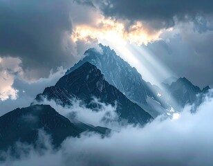 Majestic mountain peaks under cloudy sky