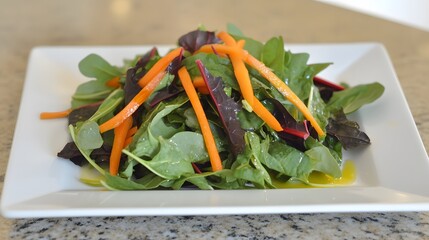 Fresh Green Salad with Carrot and Red Chard on White Plate