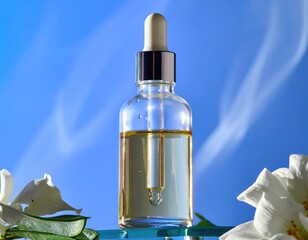 Serum bottle, flowers, and a blue sky