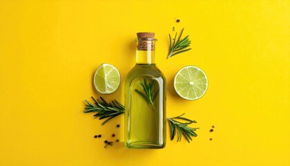 Oil bottle, limes, and rosemary flatlay