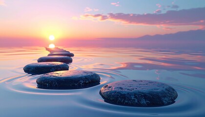 Stepping stones over water at sunset