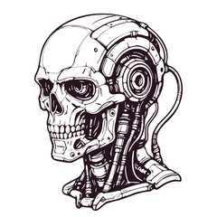 Futuristic cybernetic skull with mechanical implants and robotic details. Sci-fi android skeleton head with wires and armor plating. Clean black-and-white line art illustration isolated on white