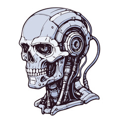 Cyberpunk robotic skull with mechanical implants and futuristic cables. High-detail biomechanical design blending human anatomy with advanced technology.  Vector illustration isolated on white