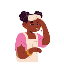 Sick little girl measures temperature with thermometer. Ill kid with fever holds cold compress on head. Sad child feels weak, suffers from flu, influenza. Flat isolated vector illustration on white