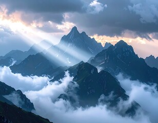 Mountain peaks pierced by sun rays, clouds