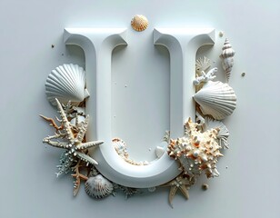 Letter "U" with seashells, coral