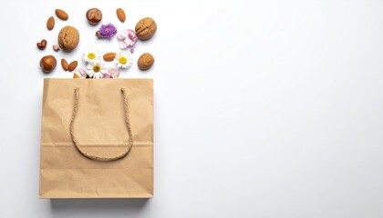 Bag spilling nuts and flowers, flat lay
