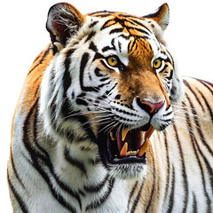 Obraz premium close up of a roaring bengal tiger with bared teeth isolated on white background, png, ai generated