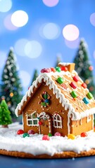Festive gingerbread house with candy