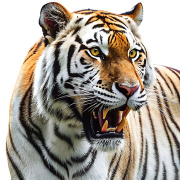 close up of a roaring bengal tiger with bared teeth isolated on white background, png, ai generated