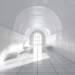 Bright, white, tiled, arched corridor
