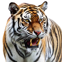 Fototapeta premium close up of a roaring bengal tiger with bared teeth isolated on white background, png, ai generated