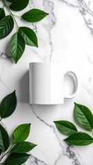 Mug with leafy border on marble surface