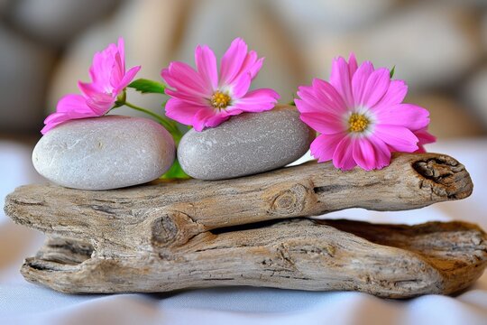 Natuurlijke harmonie met Zen stenen en bloemen op oud hout.