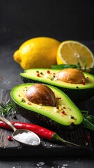 Avocado halves with lemon on board