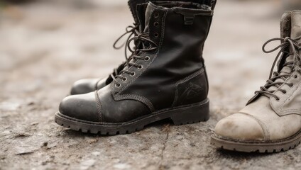 Close-up of black combat boots and a tan boot on the ground.