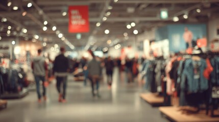 Crisp view of a retail worker adjusting a large banner announcing a weekly discount background of merchandise and customers intentionally blurred.
