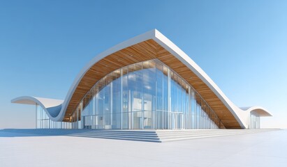 A modern building with curved roof and large glass walls showcasing contemporary architectural design and innovative structure.