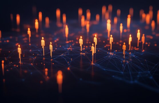 An abstract illustration represents the concept of a worldwide social network, where people are depicted as light dots on a global map, connected by lines to illustrate HR management, recruitment,