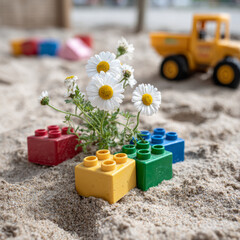 Obraz premium Colorful Lego bricks and daisies on sandy beach with toy truck.