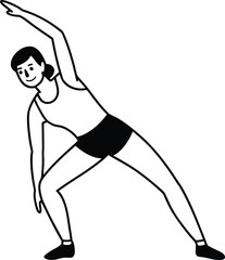 Woman performing a side bend stretch during a fitness workout in a minimalist line drawing style on white background 