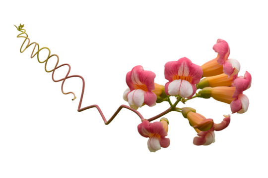 Delicate pink and orange trumpet shaped flowers with twisting vine isolated on transparent background