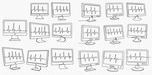 Hand-drawn sketch of multiple computer monitors displaying heart rate waveforms.