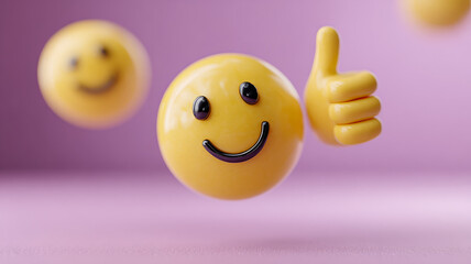 3D smiling emoji with thumbs up on pink background