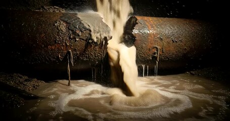 Water flowing from a rusty pipe into a muddy puddle in a dark environment - Powered by Adobe