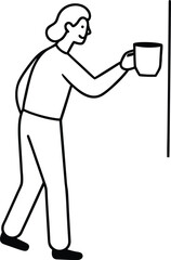 Minimalist line drawing of a person holding a coffee cup reaching towards a wall on white background 