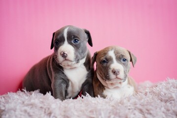 Adorable Puppies on Fluffy Blanket with Pink Background. Cute puppies lying on a soft fluffy blanket against a pastel pink background. Adorable young dogs. Two puppies 