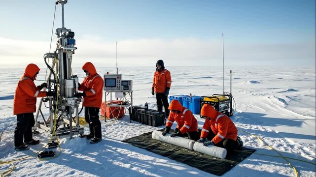 Scientists drilling an ice core in the arctic for climate research, extracting and preparing samples in cold weather footage.