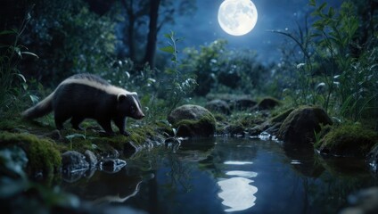 Skunk at night by a pond