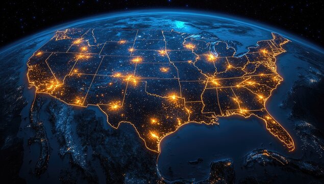 USA at night, city lights illuminate the continent