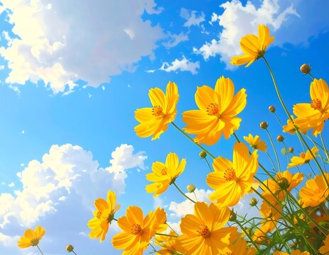 Yellow cosmos flowers bloom against a bright blue sky with fluffy white clouds