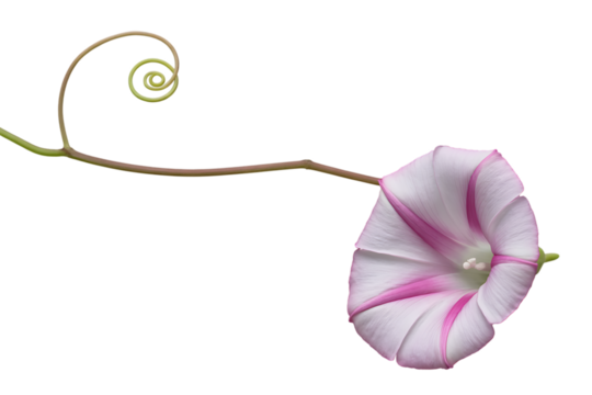 Delicate pink and white morning glory flower with a swirling vine isolated on transparent background