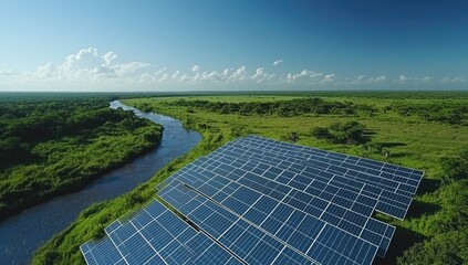 Solar array meets river amidst green fields under blue sky